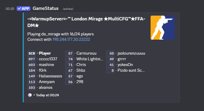 Standard game status embed showing a CS2 server with player list
